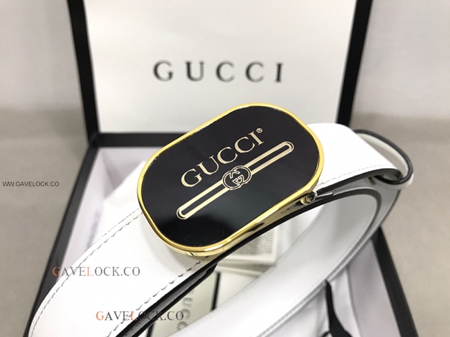 Gucci '80 Smooth White Leather Belt Gold Trim Logo Buckle